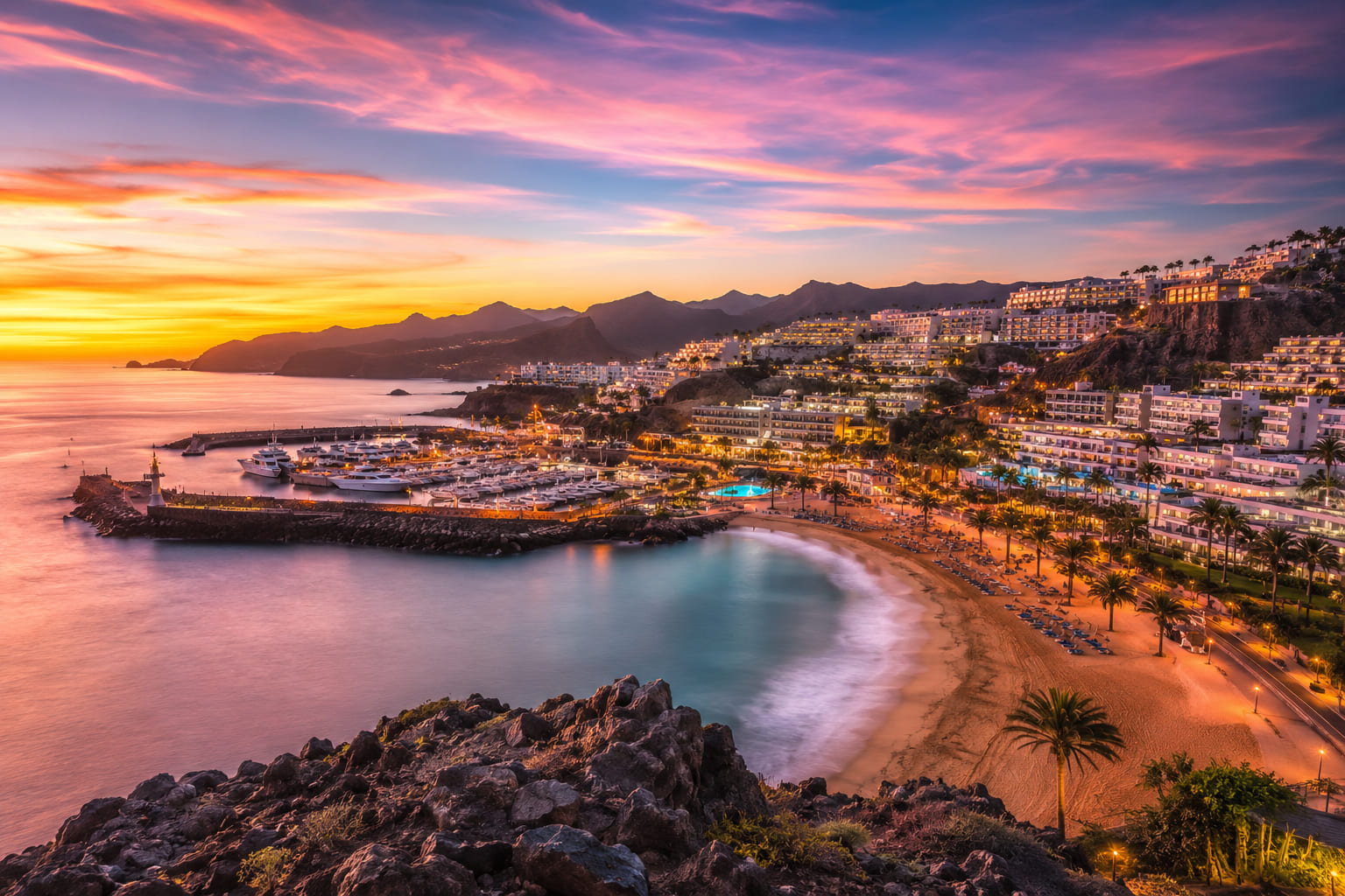 View over Puerto Rico bay, Gran Canaria, with the Atlantic Ocean at golden hour